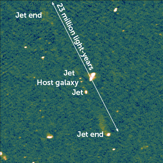 A fiery beam of light  emerging from two sides of a black hole  shoots across a dark background strewn with scattered silvery wisps and occasional bright dots representing galaxies.